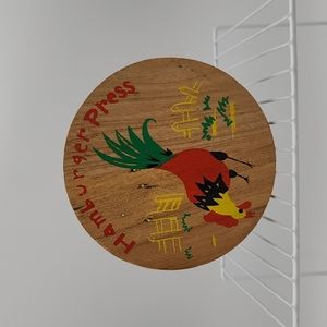 VINTAGE Wooden Hamburger Press With Painted Rooster Farm Scenery